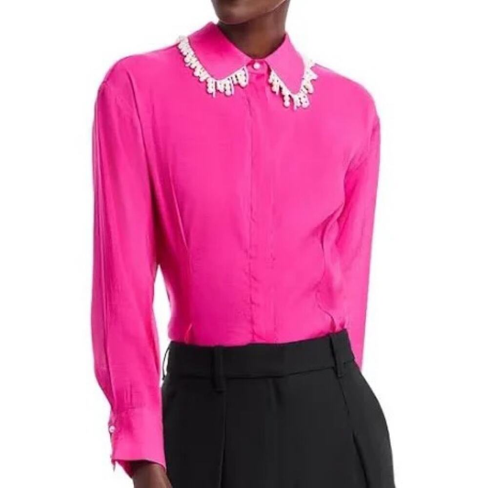 NWT $108 Gracia XL Fuchsia Pearl Beaded Collar Long Sleeve Button Down Shirt